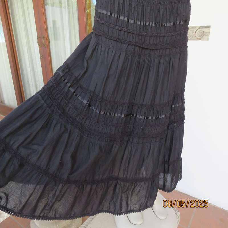 WOOLWORTHS black ankle length 100% cotton tiered skirt. Wide elasticated yoke. Size 40
