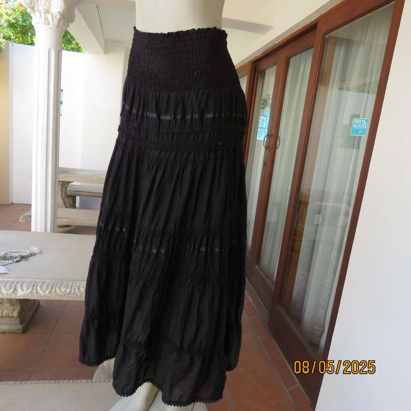 WOOLWORTHS black ankle length 100% cotton tiered skirt. Wide elasticated yoke. Size 40