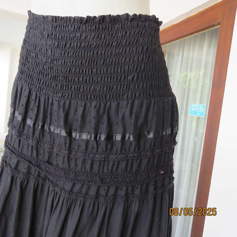 WOOLWORTHS black ankle length 100% cotton tiered skirt. Wide elasticated yoke. Size 40