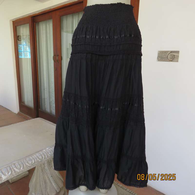 WOOLWORTHS black ankle length 100% cotton tiered skirt. Wide elasticated yoke. Size 40