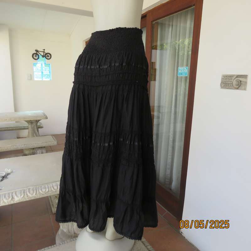 WOOLWORTHS black ankle length 100% cotton tiered skirt. Wide elasticated yoke. Size 40
