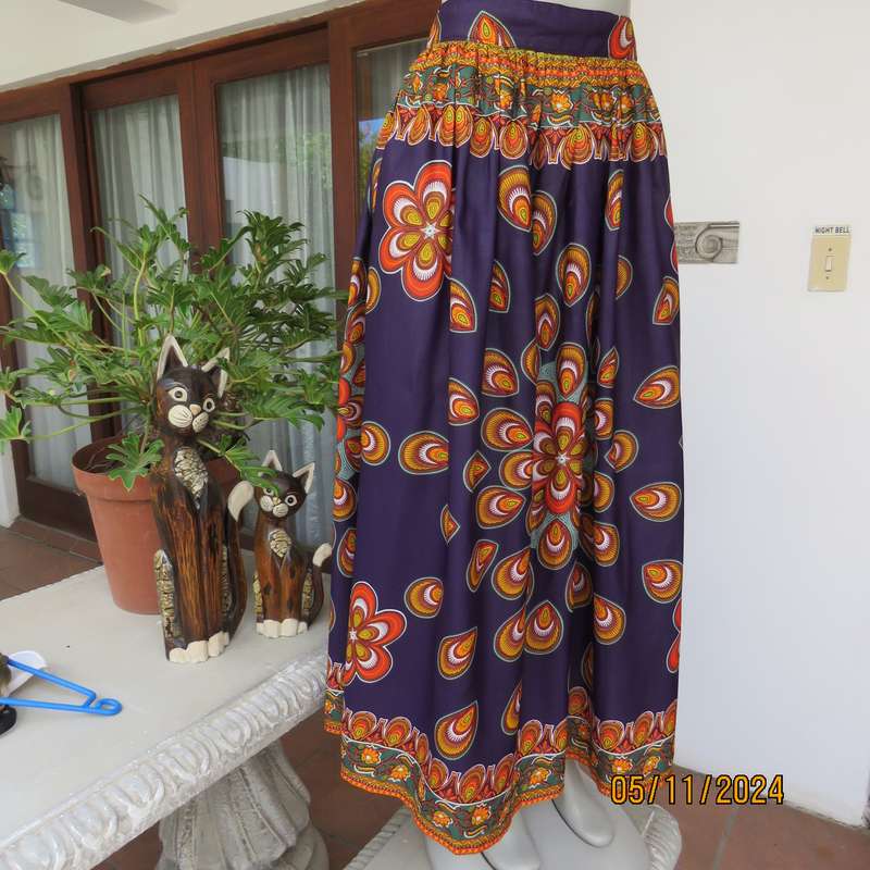 Dramatic purple wide gathered ankle length skirt with Bo-Ho orange-green patterns,Size 42.As new