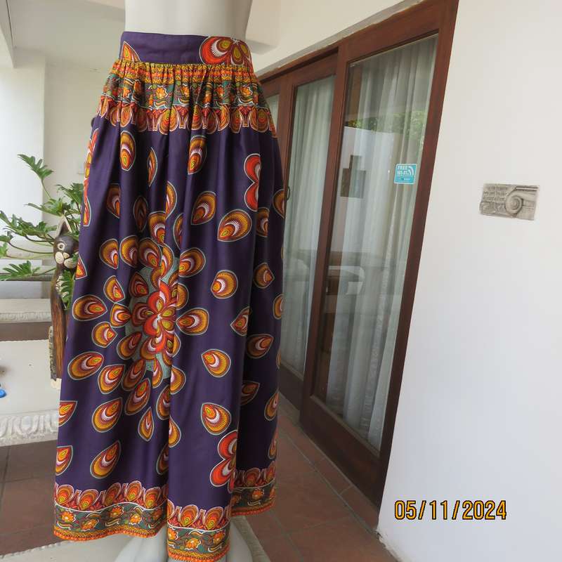 Dramatic purple wide gathered ankle length skirt with Bo-Ho orange-green patterns,Size 42.As new