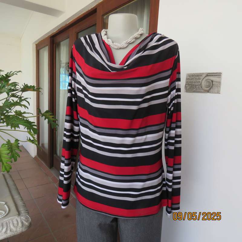 Horizontally striped slip over long sleeve cowl neck top size 40. Red-black-grey-white