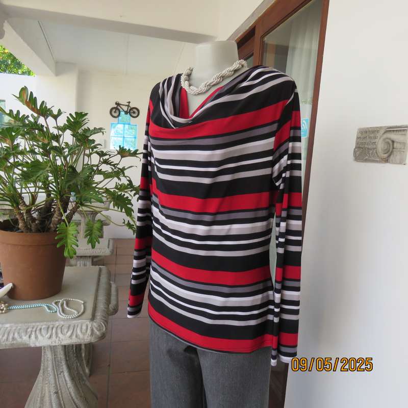 Horizontally striped slip over long sleeve cowl neck top size 40. Red-black-grey-white