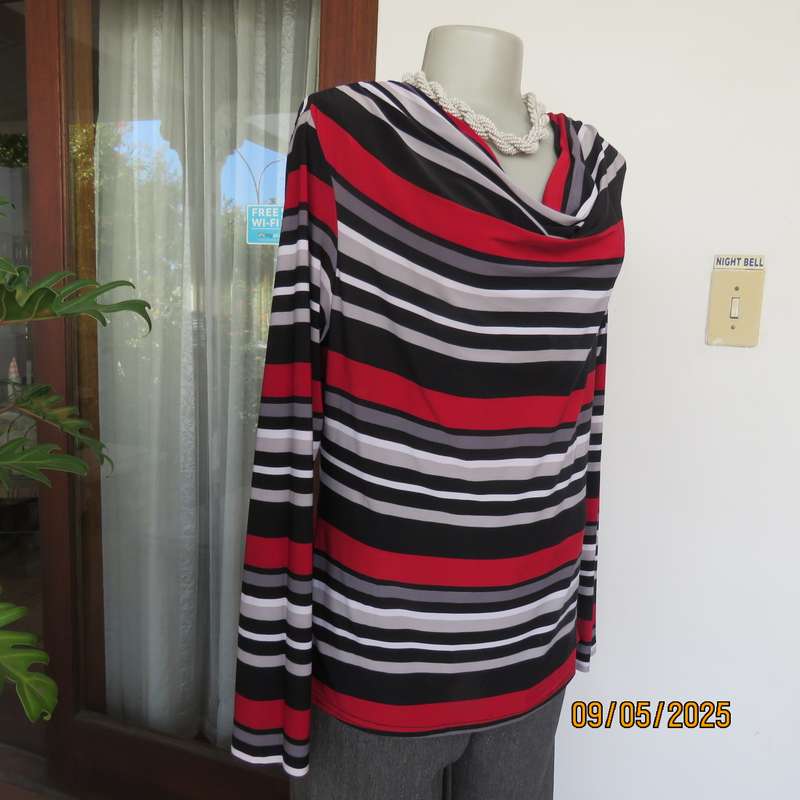 Horizontally striped slip over long sleeve cowl neck top size 40. Red-black-grey-white
