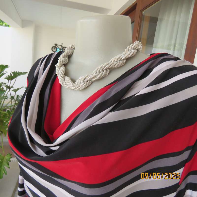 Horizontally striped slip over long sleeve cowl neck top size 40. Red-black-grey-white