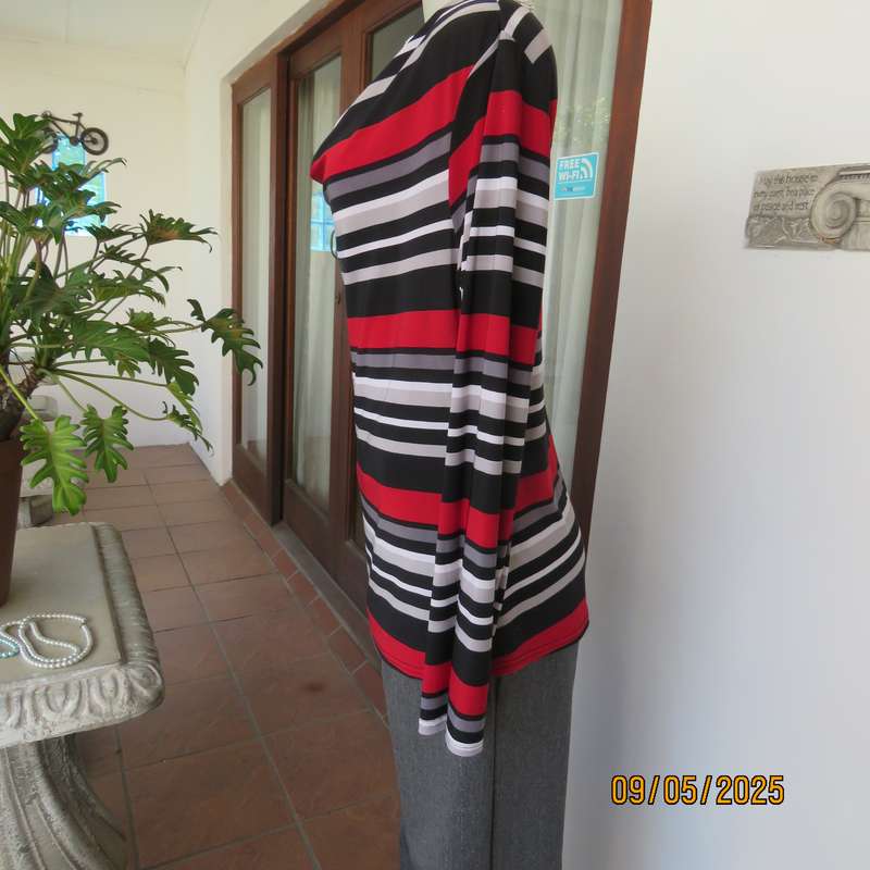 Horizontally striped slip over long sleeve cowl neck top size 40. Red-black-grey-white