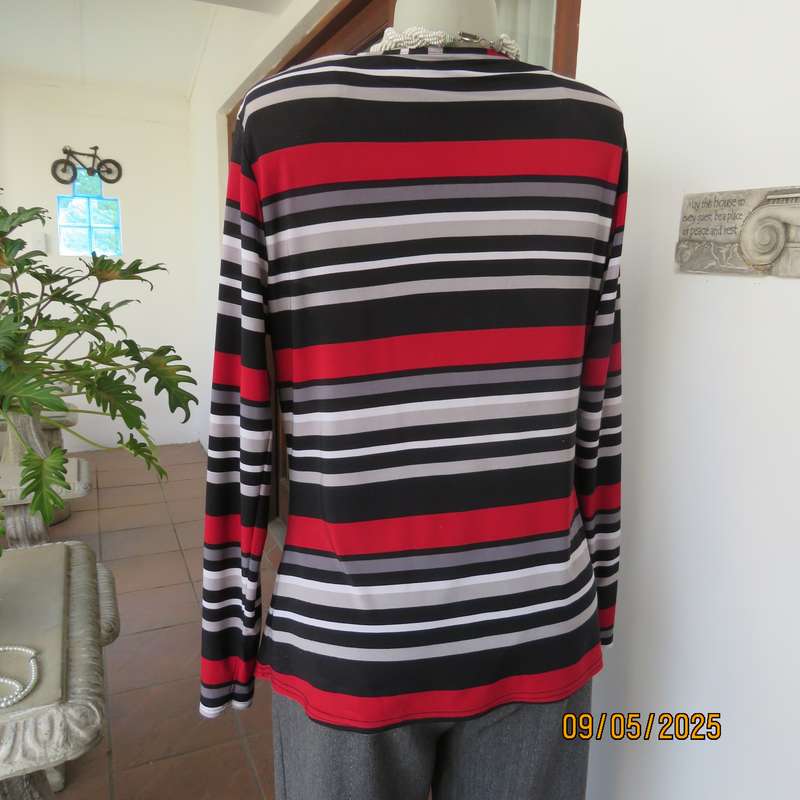 Horizontally striped slip over long sleeve cowl neck top size 40. Red-black-grey-white