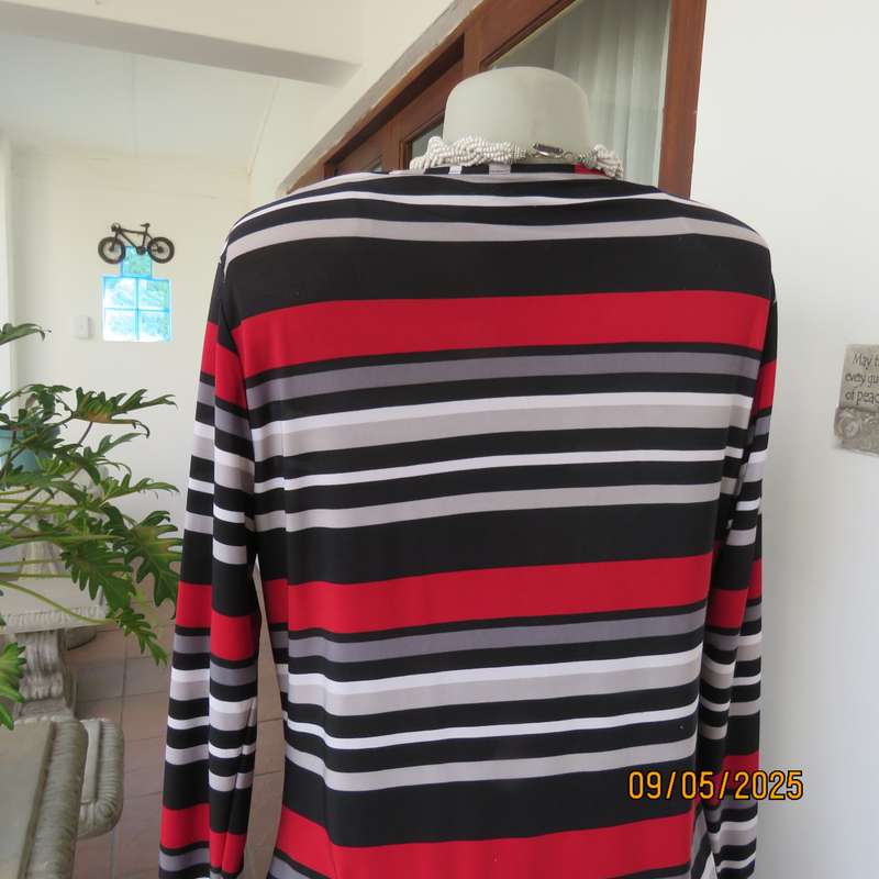Horizontally striped slip over long sleeve cowl neck top size 40. Red-black-grey-white