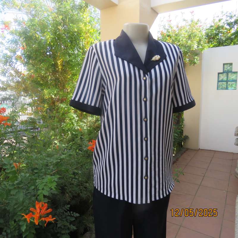 WOOLWORTHS navy-white vertical striped button down top. Open navy collar. Size 36.