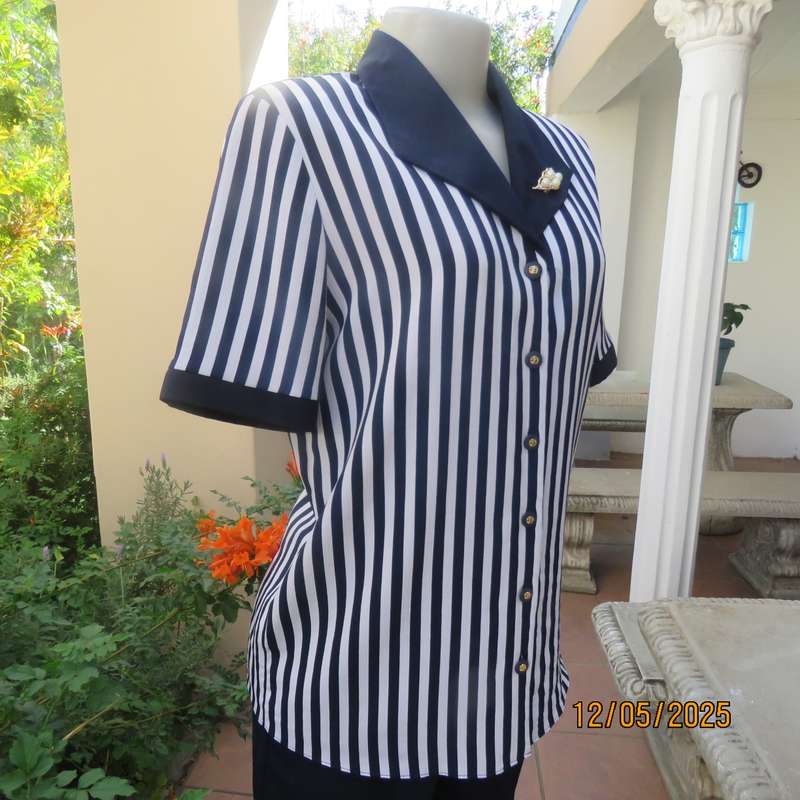 WOOLWORTHS navy-white vertical striped button down top. Open navy collar. Size 36.
