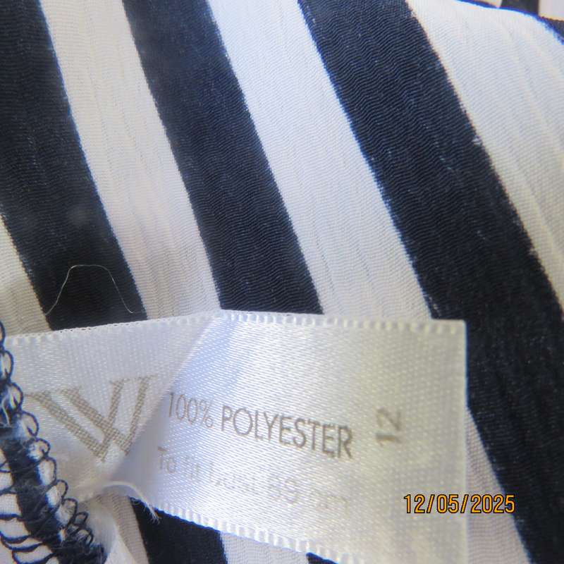 WOOLWORTHS navy-white vertical striped button down top. Open navy collar. Size 36.