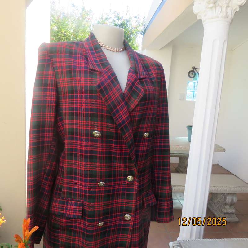 MERIEN HALL double breast tartan print long sleeve jacket size 40. Red-navy-green.