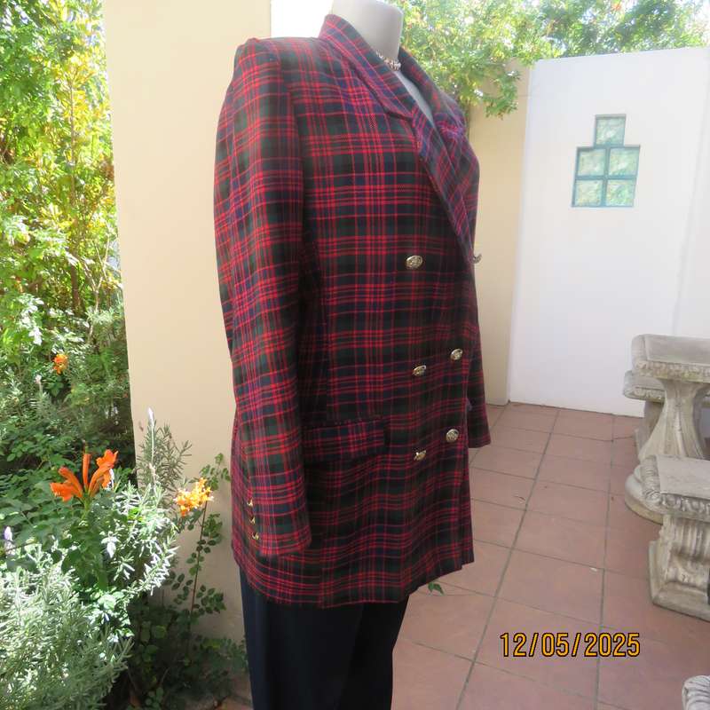 MERIEN HALL double breast tartan print long sleeve jacket size 40. Red-navy-green.