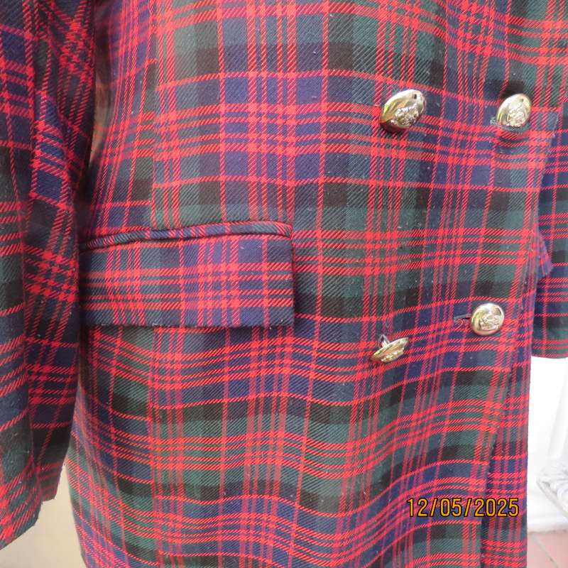 MERIEN HALL double breast tartan print long sleeve jacket size 40. Red-navy-green.