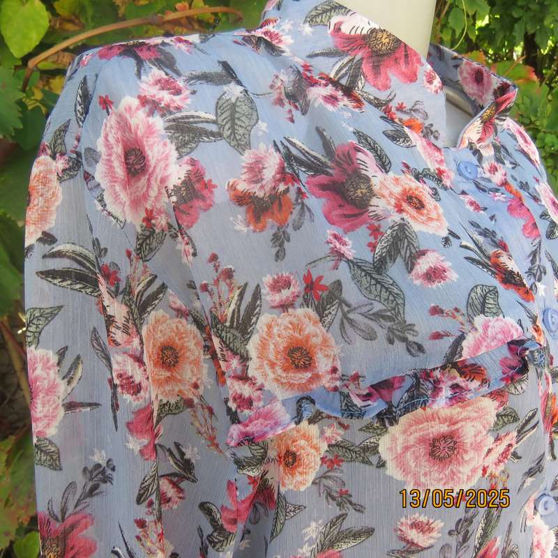 Steel blue slightly creased sheer polyester long sleeve top. Crimson flowers. Size 44
