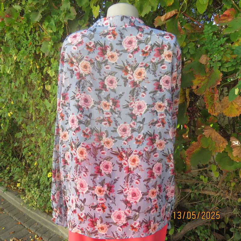 Steel blue slightly creased sheer polyester long sleeve top. Crimson flowers. Size 44