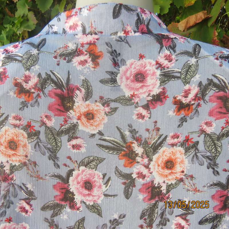 Steel blue slightly creased sheer polyester long sleeve top. Crimson flowers. Size 44