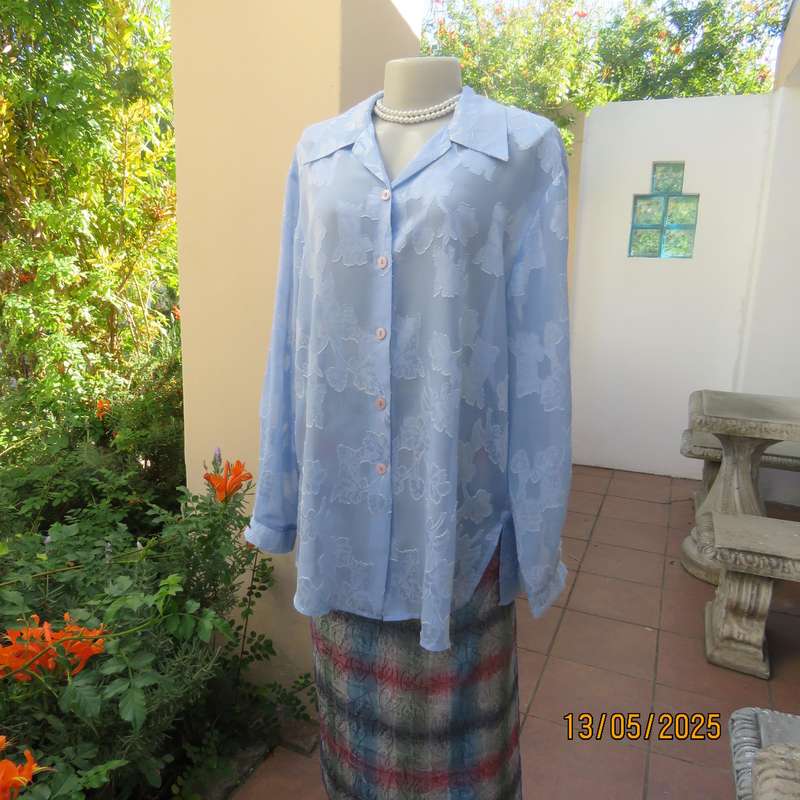 DONNA CLAIRE periwinkle blue sheer floral embossed polyester long sleeve top size 42-44