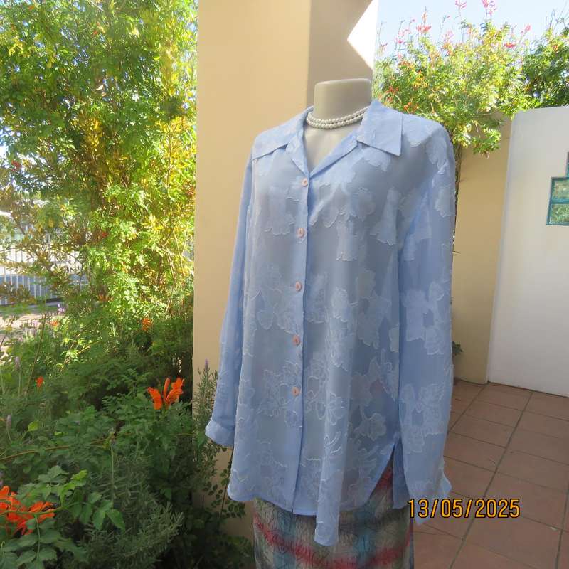 DONNA CLAIRE periwinkle blue sheer floral embossed polyester long sleeve top size 42-44
