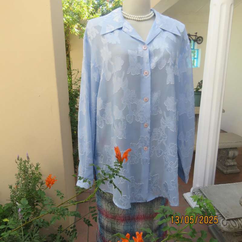 DONNA CLAIRE periwinkle blue sheer floral embossed polyester long sleeve top size 42-44