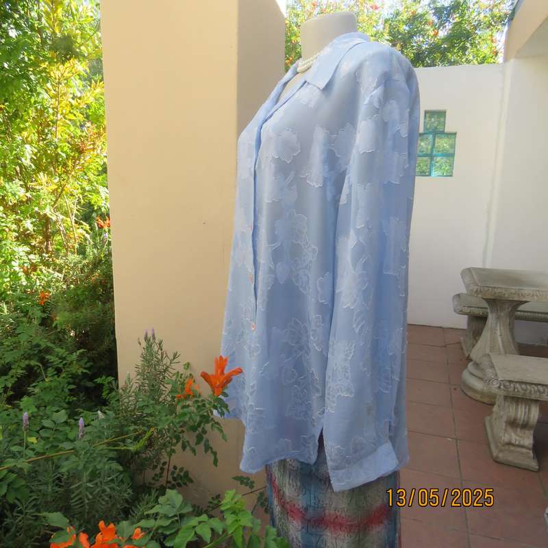 DONNA CLAIRE periwinkle blue sheer floral embossed polyester long sleeve top size 42-44