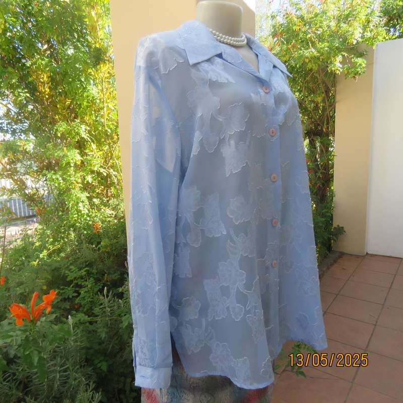 DONNA CLAIRE periwinkle blue sheer floral embossed polyester long sleeve top size 42-44