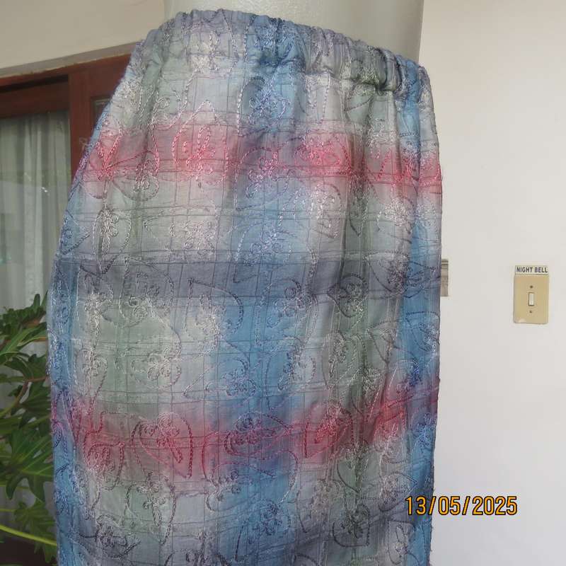 Silky poly-rayon long straight lined heart embroidered pink-blue-green skirt size 36