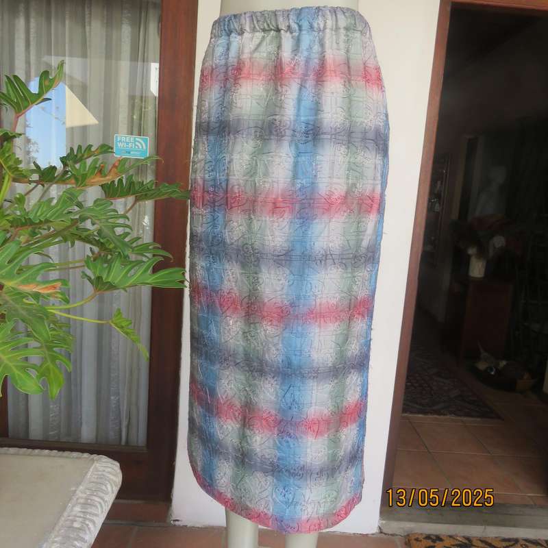 Silky poly-rayon long straight lined heart embroidered pink-blue-green skirt size 36