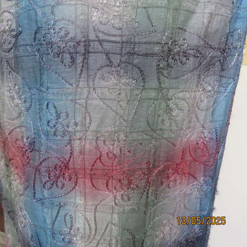 Silky poly-rayon long straight lined heart embroidered pink-blue-green skirt size 36