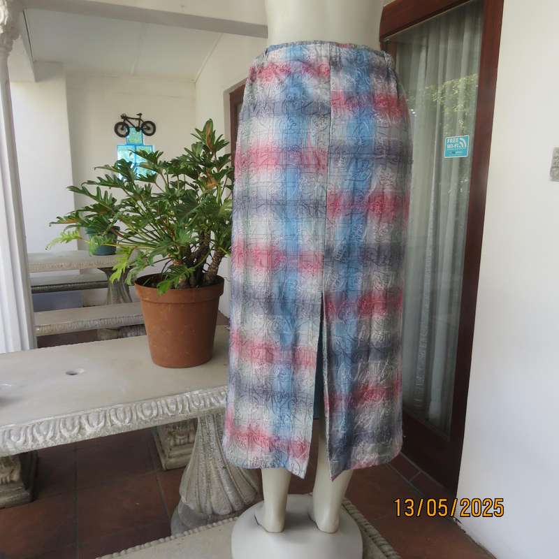 Silky poly-rayon long straight lined heart embroidered pink-blue-green skirt size 36