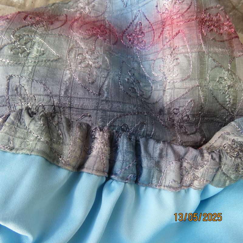 Silky poly-rayon long straight lined heart embroidered pink-blue-green skirt size 36