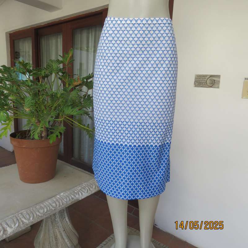 White with blue graphic print and border pencil style skirt size 38. Elasticated waist.
