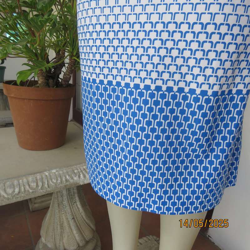 White with blue graphic print and border pencil style skirt size 38. Elasticated waist.
