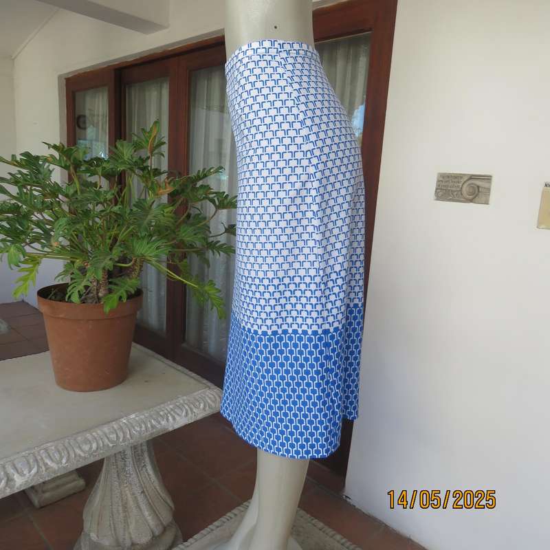 White with blue graphic print and border pencil style skirt size 38. Elasticated waist.