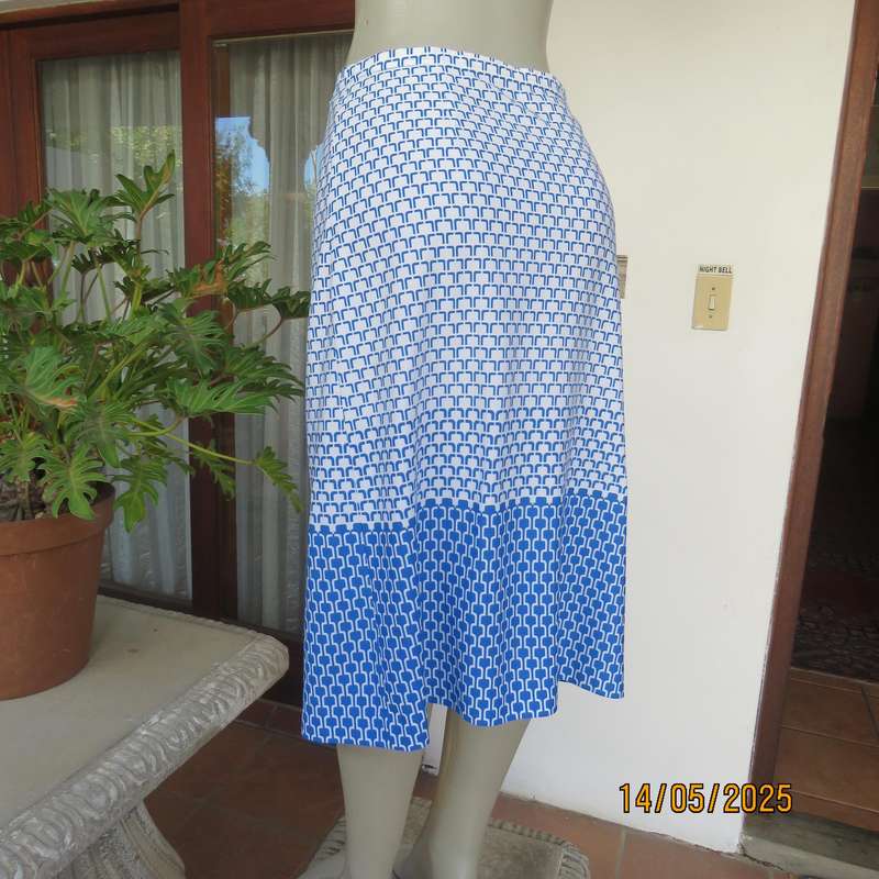 White with blue graphic print and border pencil style skirt size 38. Elasticated waist.