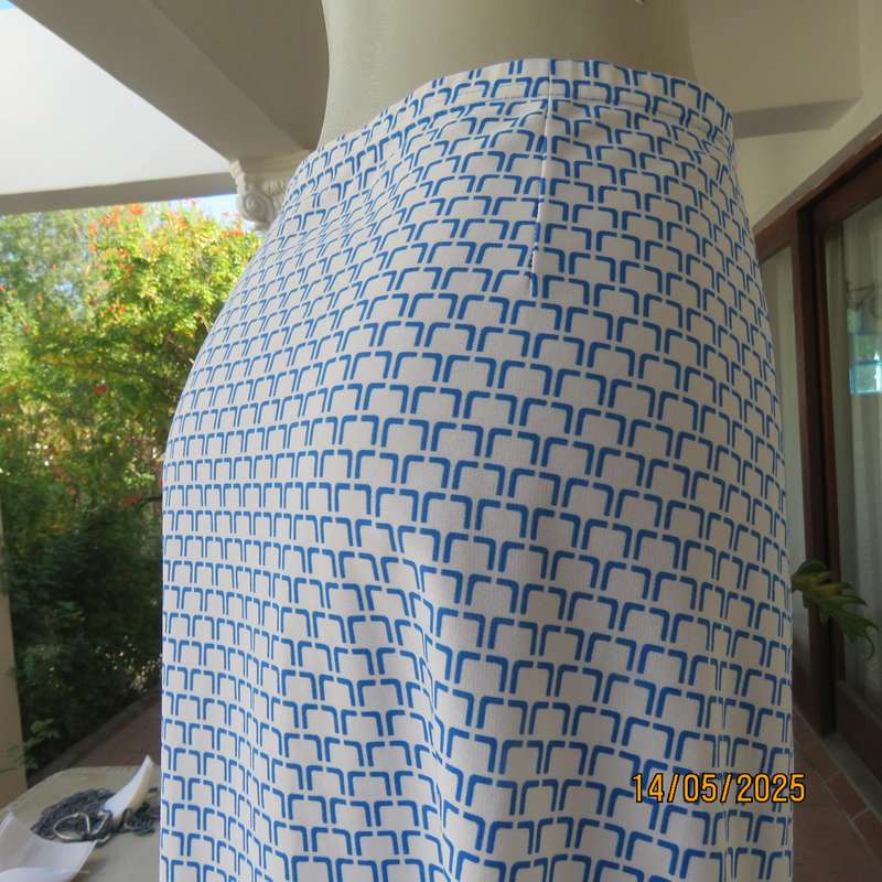White with blue graphic print and border pencil style skirt size 38. Elasticated waist.