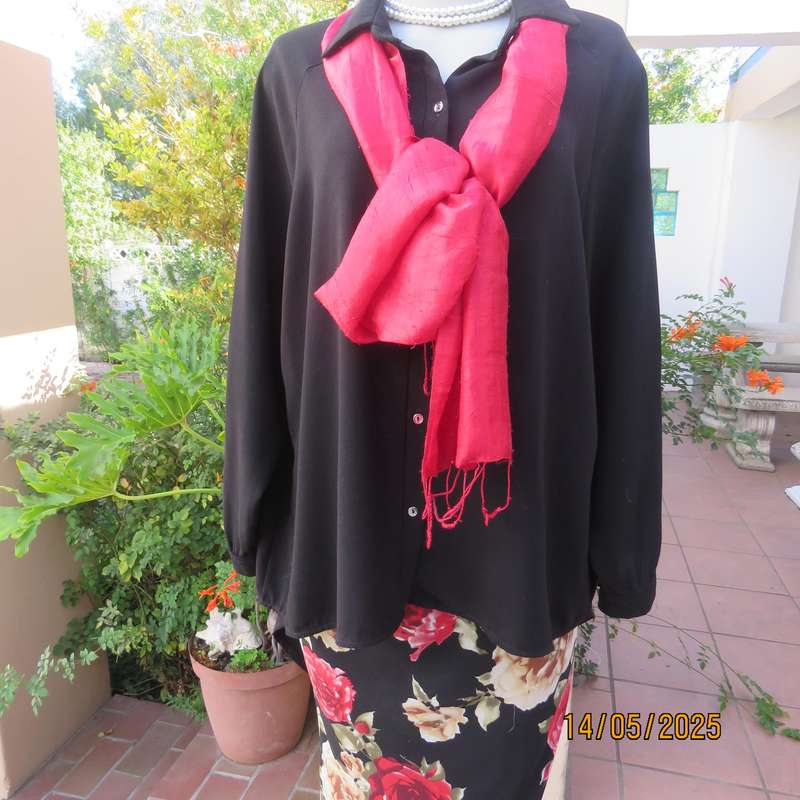 Very black AMARA long raglan sleeve button down textured polyester top. Size 46
