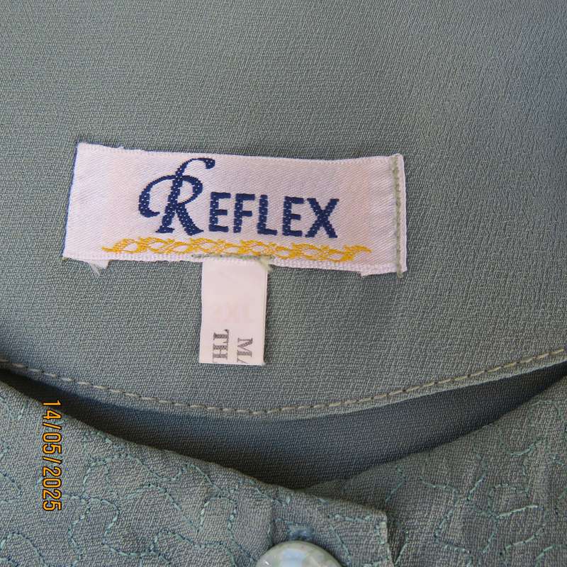 REFLEX seafoam green collarless top with stunning embroidery. Size 48.