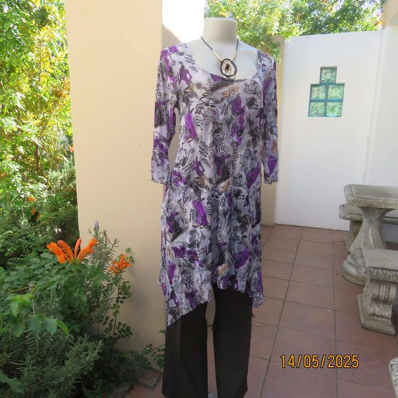 MONICA'S sheer crinkled poly-nylon stretch slip over light grey top size 36. Purple patterns