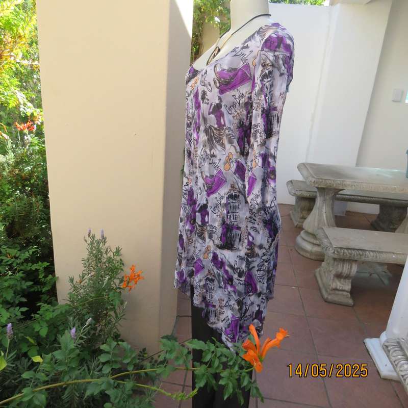 MONICA'S sheer crinkled poly-nylon stretch slip over light grey top size 36. Purple patterns