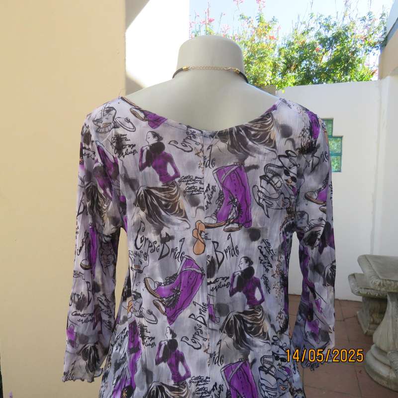 MONICA'S sheer crinkled poly-nylon stretch slip over light grey top size 36. Purple patterns