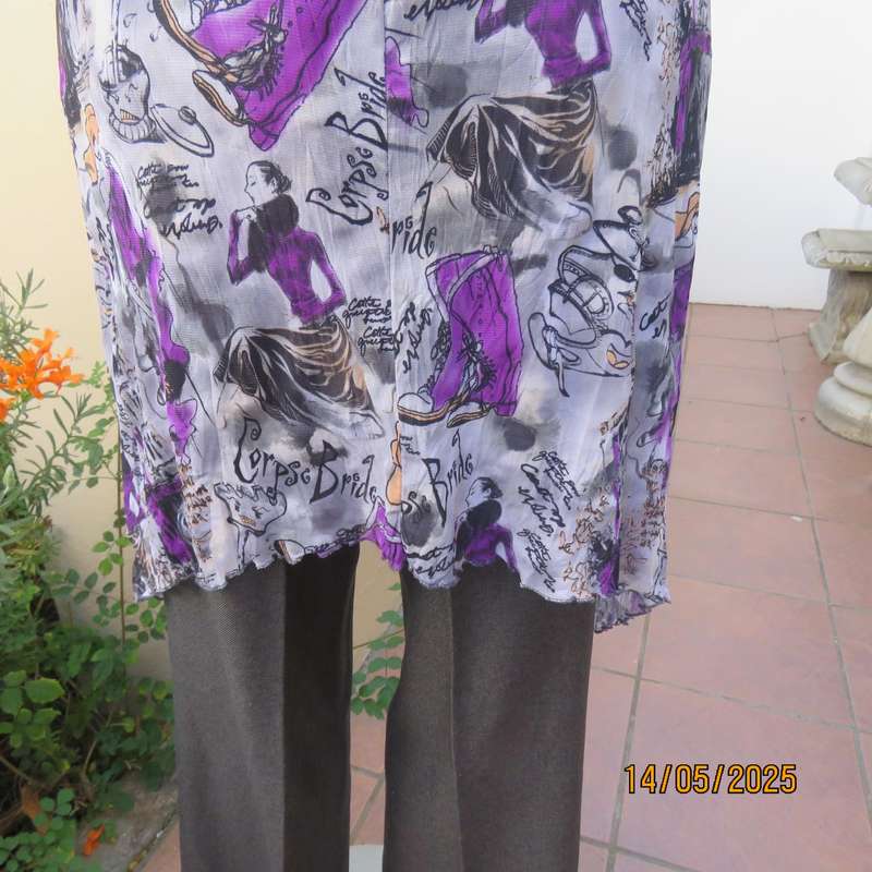 MONICA'S sheer crinkled poly-nylon stretch slip over light grey top size 36. Purple patterns