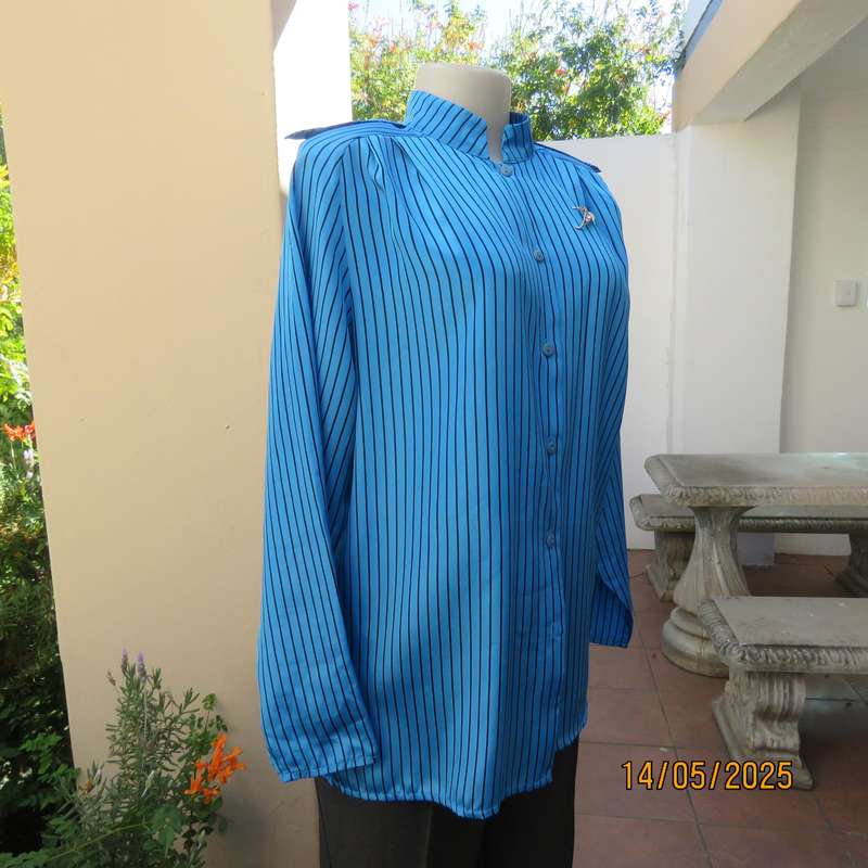Elegant teal blue-black vertical striped long sleeve silky polyester size 38 top.