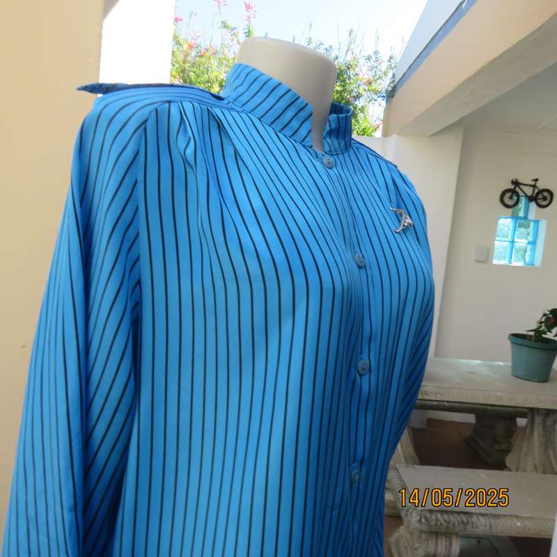 Elegant teal blue-black vertical striped long sleeve silky polyester size 38 top.