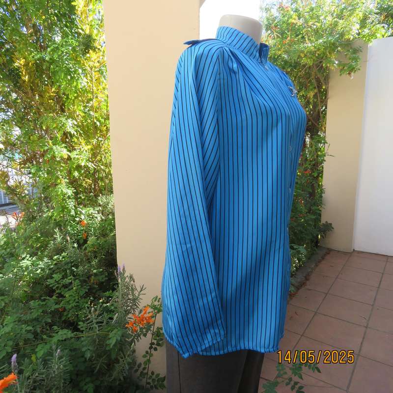 Elegant teal blue-black vertical striped long sleeve silky polyester size 38 top.