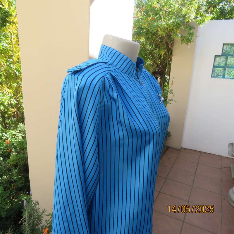 Elegant teal blue-black vertical striped long sleeve silky polyester size 38 top.