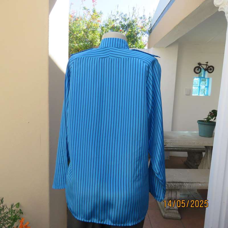 Elegant teal blue-black vertical striped long sleeve silky polyester size 38 top.