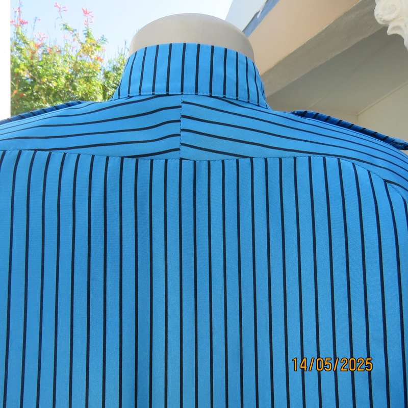 Elegant teal blue-black vertical striped long sleeve silky polyester size 38 top.